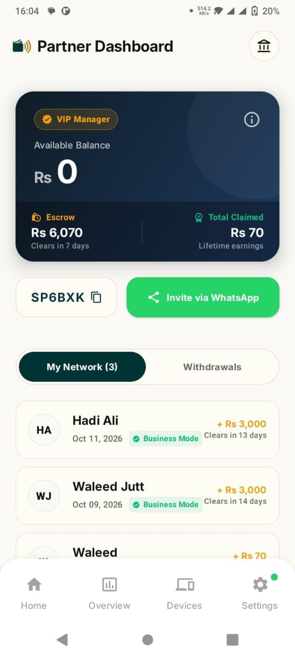 Actual SunoPaisa referral partner dashboard