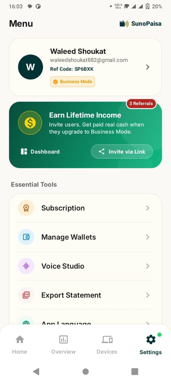 Actual SunoPaisa settings Android screen